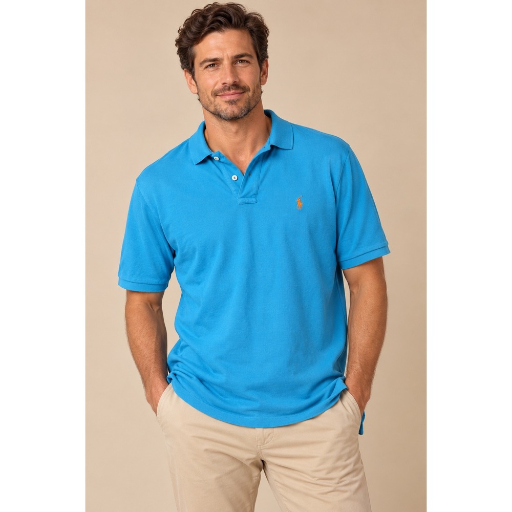 Polo Ralph Lauren Mens Polo Shirt XL Blue Classic Fit Orange Pony Cotton Pique